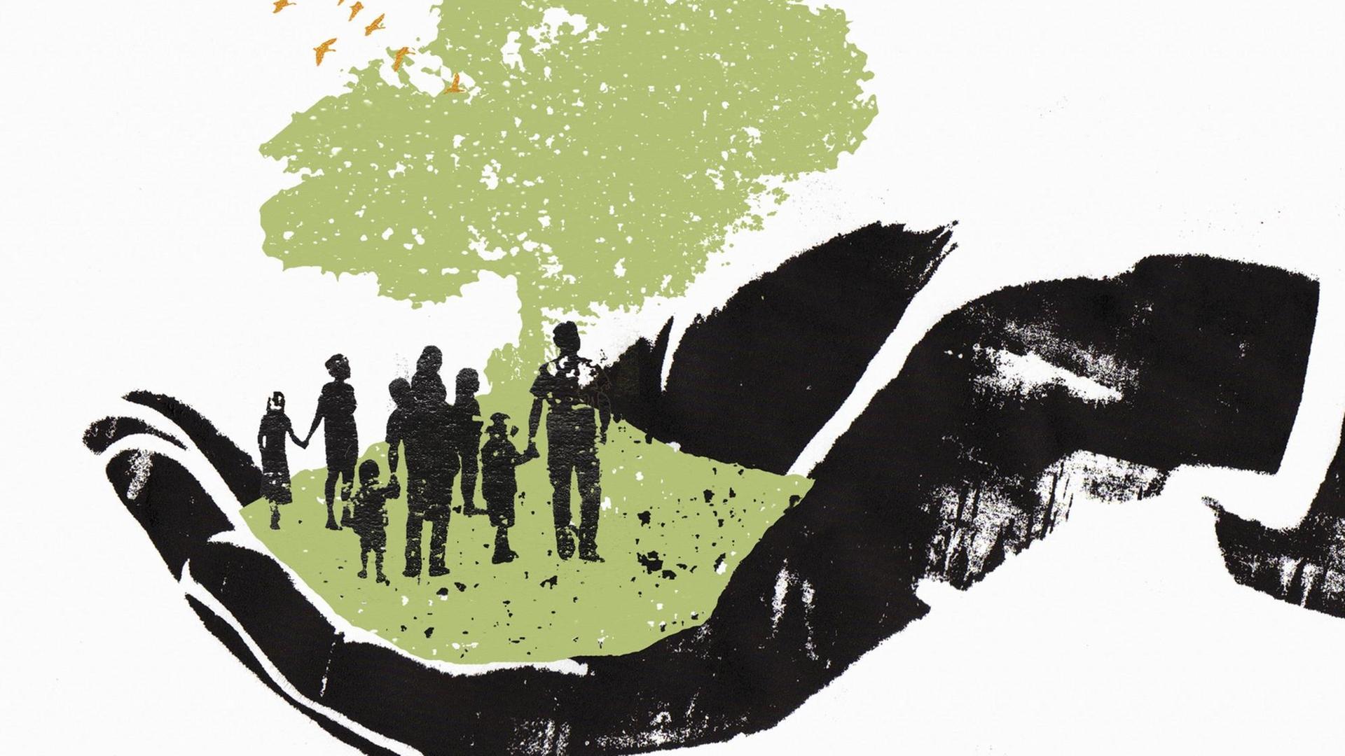 Illustration einer Hand, die einen Baum mit Menschen drumherum hält. Illustration einer Hand, die einen Baum mit Menschen drumherum hält.