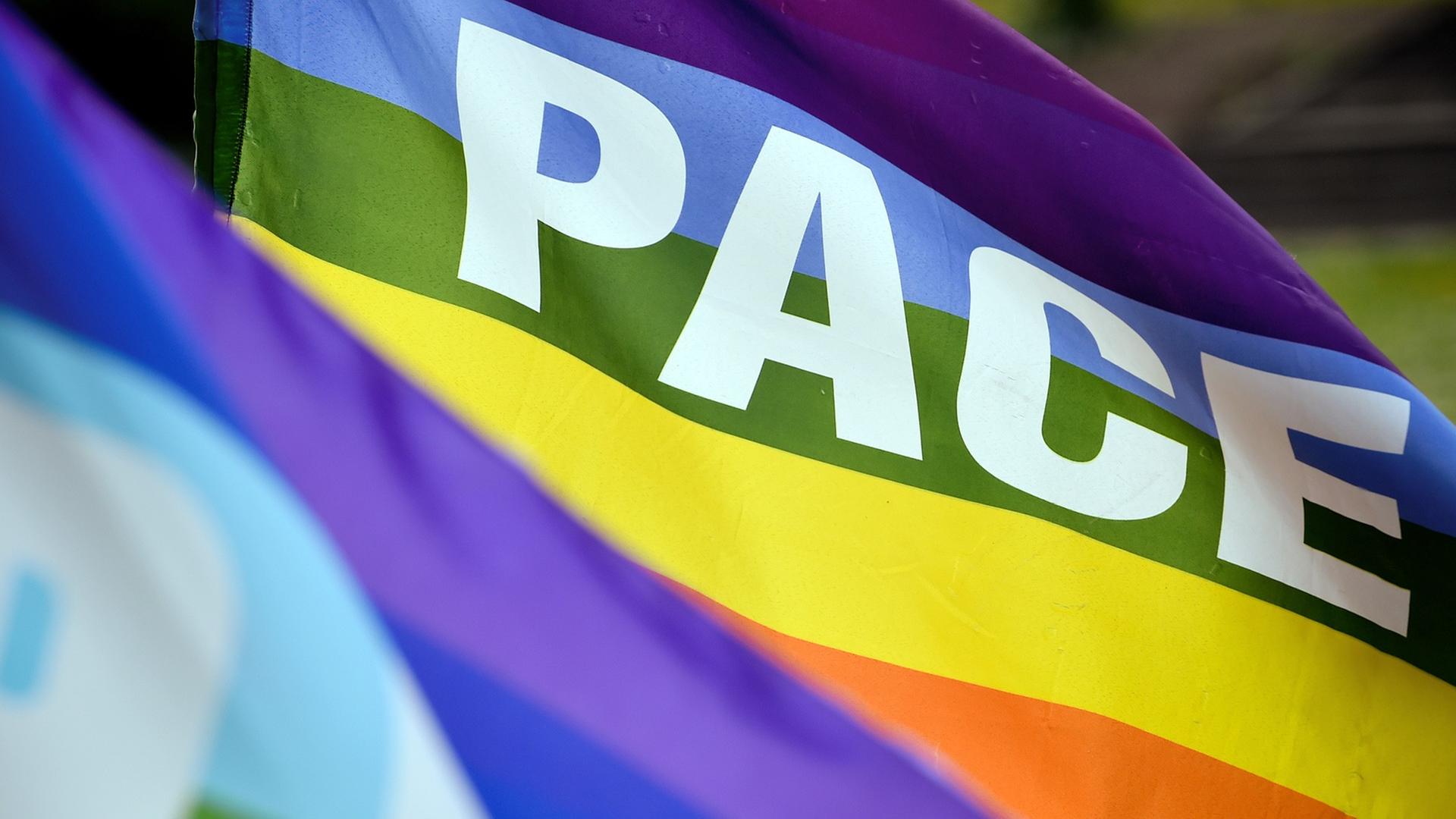 Zwei Regenbogenfahnen mit dem Schriftzug "Pace" wehen im Wind Zwei Regenbogenfahnen mit dem Schriftzug "Pace" wehen im Wind
