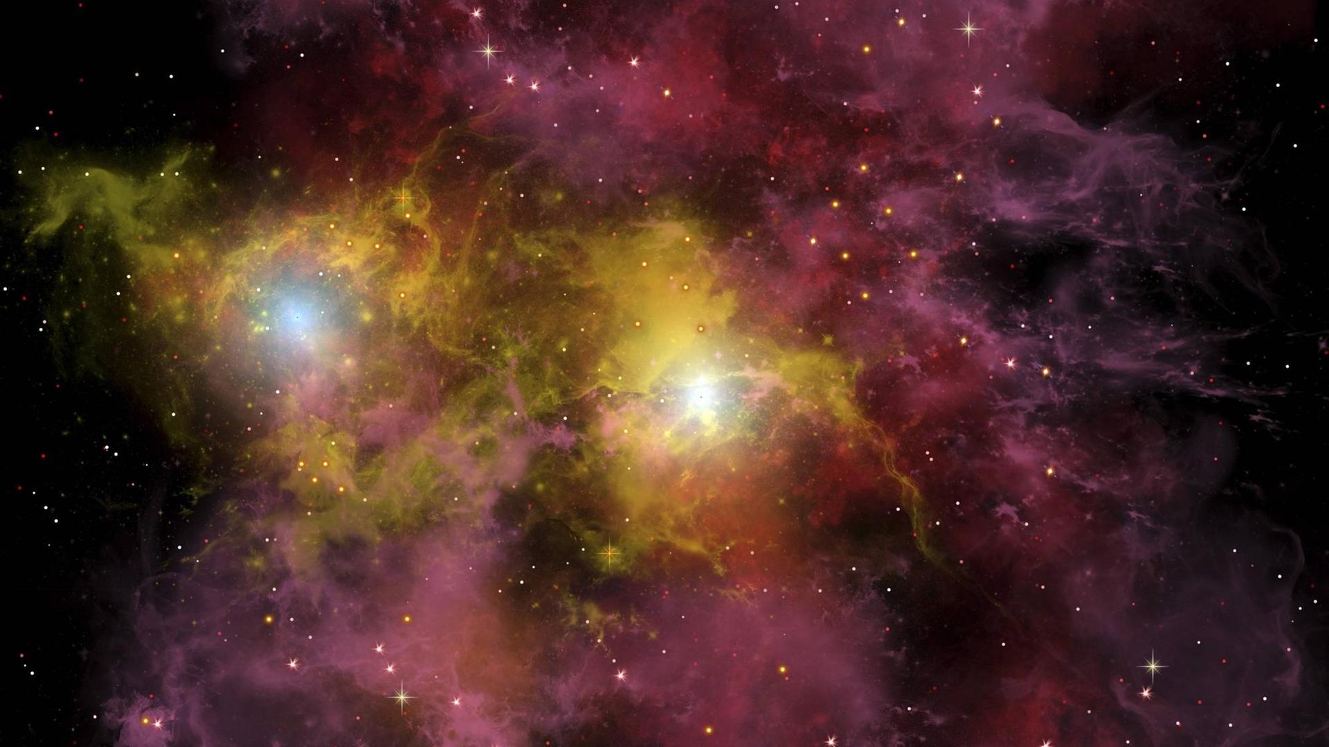 Zwei Sterne leuchten aus einem Sternennebel in einer fernen Galaxie. Zwei Sterne leuchten aus einem Sternennebel in einer fernen Galaxie.