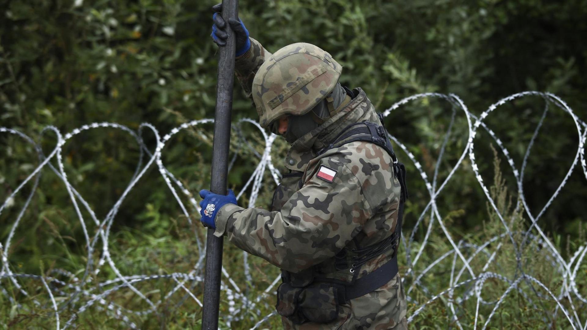 Ein polnischer Soldat errichtet in der Nähe von Bialystok einen Grenzzaun.(Photo by Jaap Arriens / AFP) Ein polnischer Soldat errichtet in der Nähe von Bialystok einen Grenzzaun.(Photo by Jaap Arriens / AFP)