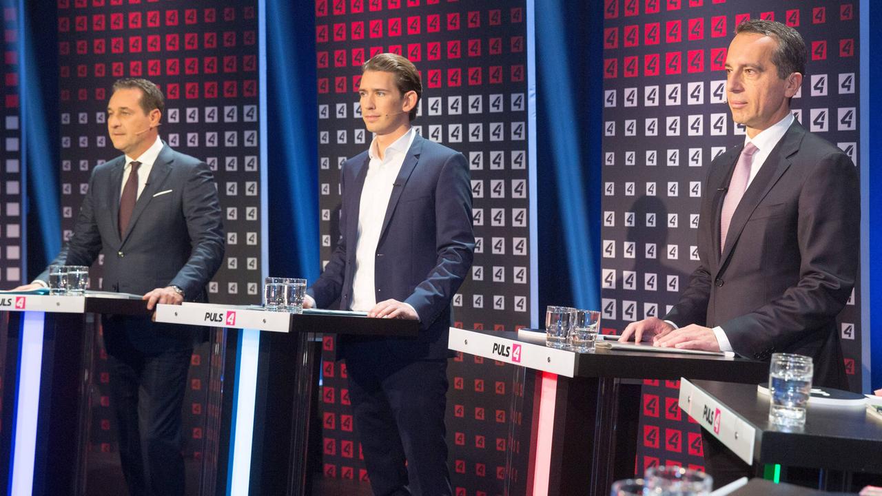 Die Spitzenkandidaten für den österreichischen Nationalrat, Heinz Christian Strache (FPÖ), Außenminister Sebastian Kurz (ÖVP), Bundeskanzler Christian Kern (SPÖ) (v.l.) Die Spitzenkandidaten für den österreichischen Nationalrat, Heinz Christian Strache (FPÖ), Außenminister Sebastian Kurz (ÖVP), Bundeskanzler Christian Kern (SPÖ) (v.l.)