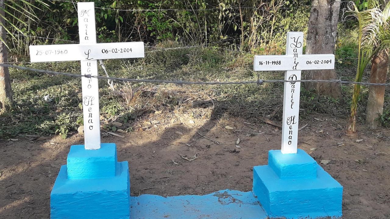 Zwei weiße Holzkreuze stehen auf miteinander verbundenen blau gestrichenen Sockeln hinter Stacheldraht am Rand eines staubigen Weges. Auf Senkrecht- und Querleisten der Kreuze sind Namen, Geburts- und Sterbedaten zweier Ermordeter eingetragen. Zwei weiße Holzkreuze stehen auf miteinander verbundenen blau gestrichenen Sockeln hinter Stacheldraht am Rand eines staubigen Weges. Auf Senkrecht- und Querleisten der Kreuze sind Namen, Geburts- und Sterbedaten zweier Ermordeter eingetragen.