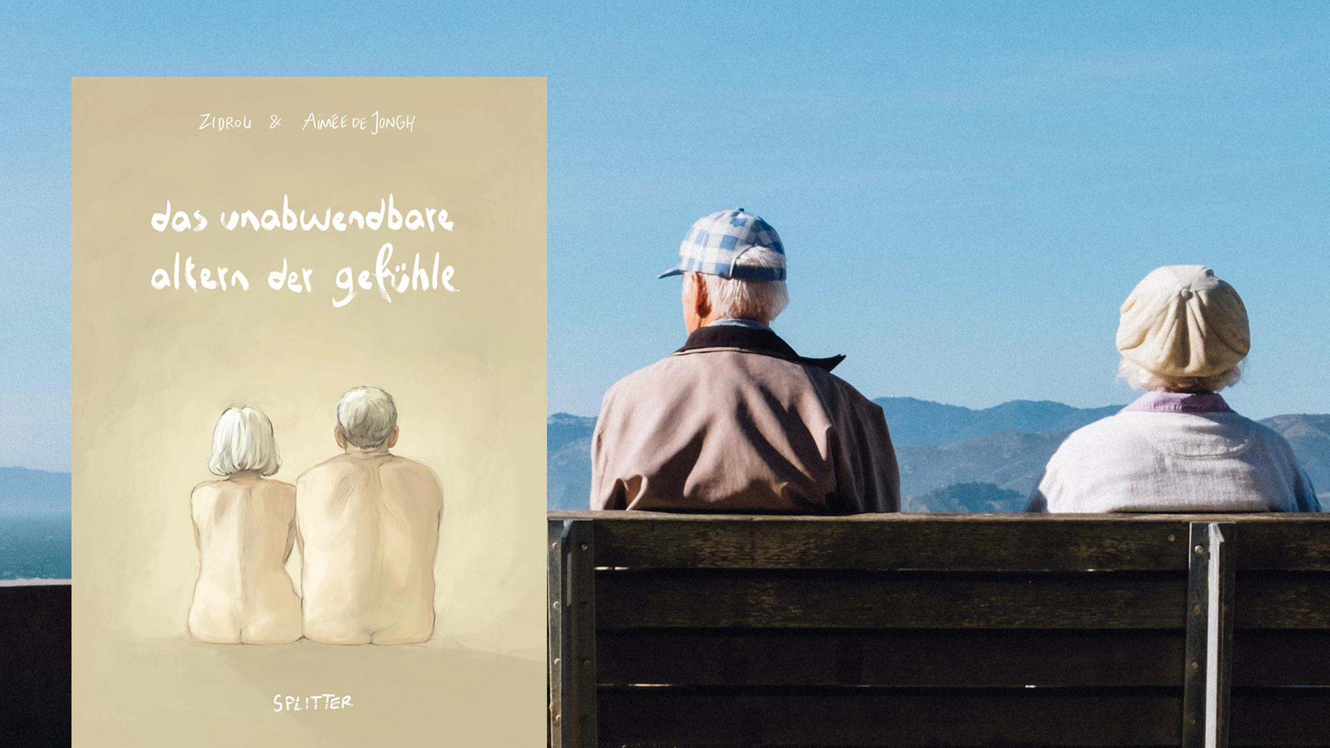 Buchcover: Das unabwendbare Altern der Gefühle vor Hintergrund von zwei älteren Menschen, die auf einer Bank sitzen und in die Ferne schauen.