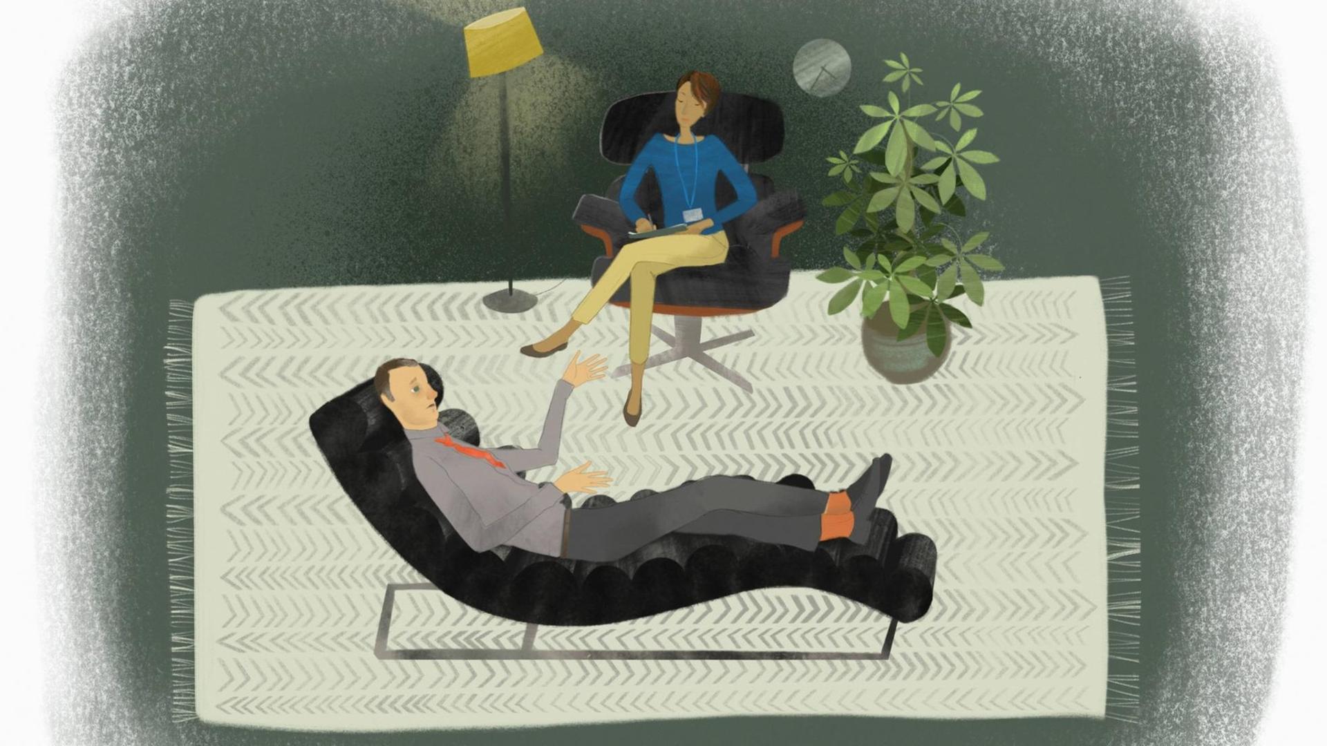 Ein depressiver Mann liegt auf der Couch und spricht mit seiner Therapeutin Ein depressiver Mann liegt auf der Couch und spricht mit seiner Therapeutin