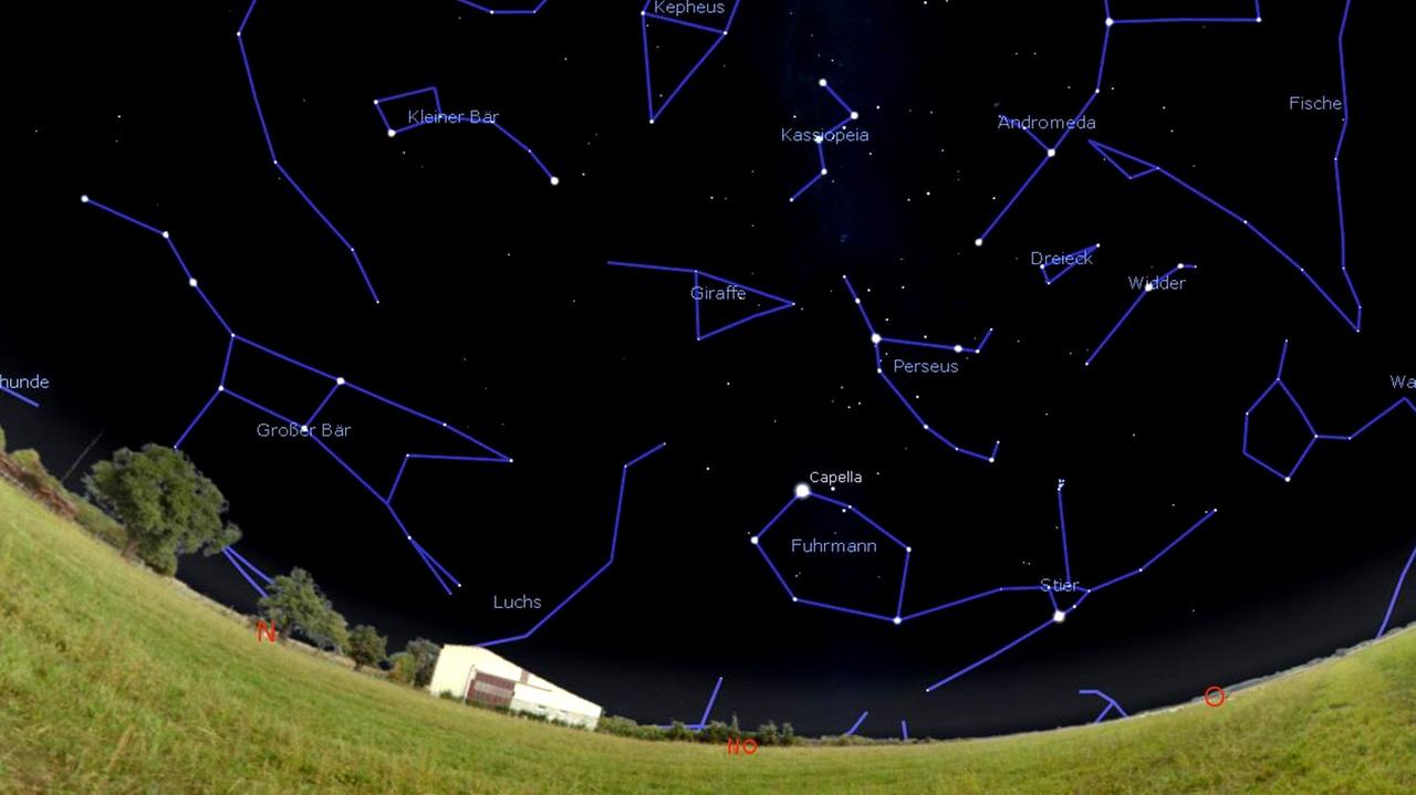 Zum Vergleich: Dieselbe Himmelsgegend mit den uns vertrauten Sternbildern Fuhrmann, Perseus, Kassiopeia etc. Zum Vergleich: Dieselbe Himmelsgegend mit den uns vertrauten Sternbildern Fuhrmann, Perseus, Kassiopeia etc.