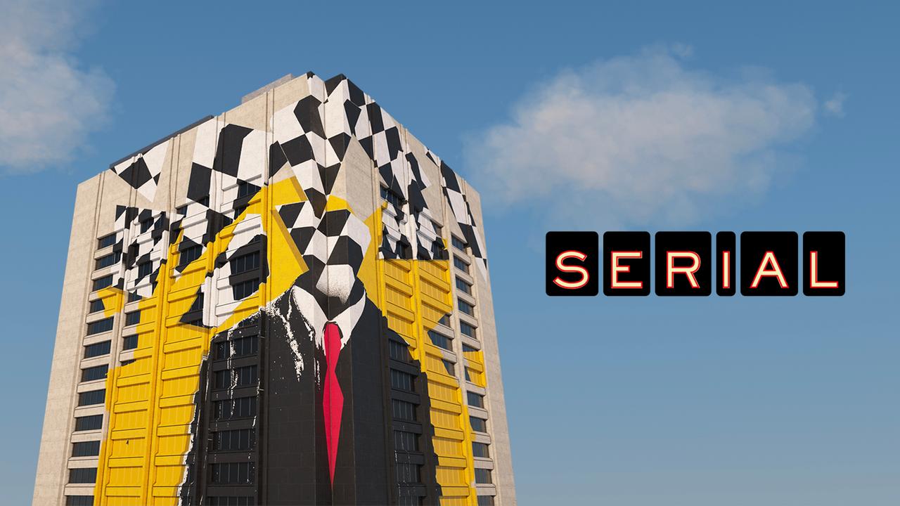 Das Bild zeigt das Hochhaus des Justizzentrums in Cleveland (Ohio). Auf der Gebäudewand ist ein Wandbild nachträglich ergänzt worden. Rechts ist das Logo des Podcasts "Serial" zu sehen. Das Bild zeigt das Hochhaus des Justizzentrums in Cleveland (Ohio). Auf der Gebäudewand ist ein Wandbild nachträglich ergänzt worden. Rechts ist das Logo des Podcasts "Serial" zu sehen.