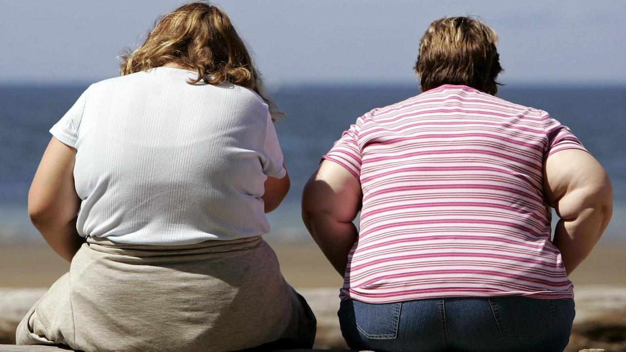 Zwei beleibte Frauen sitzen am Strand von British Columbia. Zwei beleibte Frauen sitzen am Strand von British Columbia.