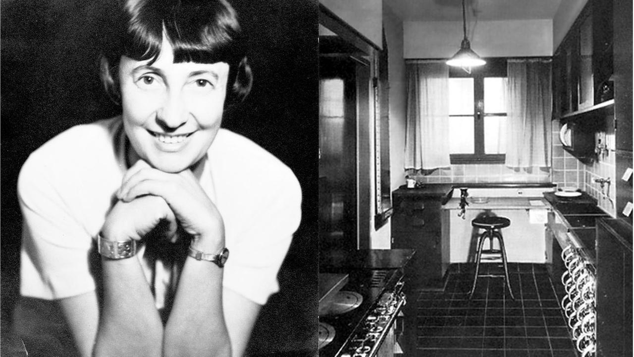 Bildmontage: Links ist ein SW-Foto von Margerete Schütte-Lihotzky zu sehen. Rechts die sogenannte "Frankfurter Küche", die sie entworfen hat.