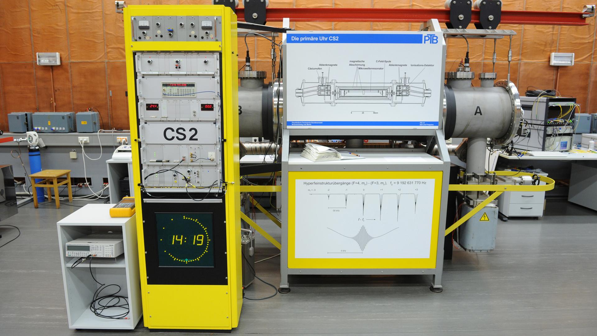 Eine Atomuhr CS2 steht im Zeitlabor der Physikalisch-Technischen Bundesanstalt (PTB) in Braunschweig. Eine Atomuhr CS2 steht im Zeitlabor der Physikalisch-Technischen Bundesanstalt (PTB) in Braunschweig.