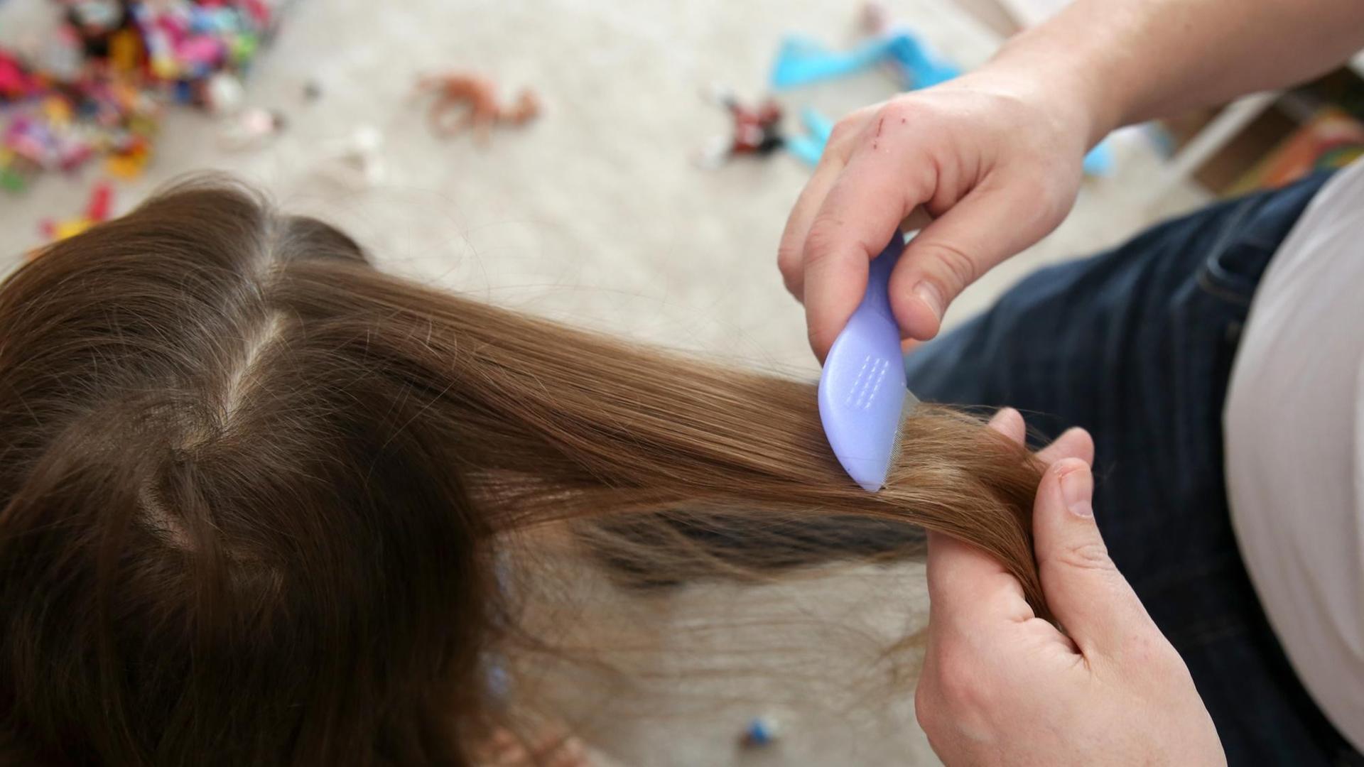 Ein Mann kämmt die Haare seiner Tochter. Ein Mann kämmt die Haare seiner Tochter.