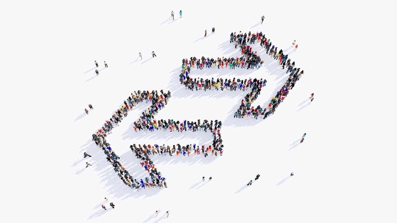 Illustration vieler Personen, die sich in Form zweier entgegengesetzter Richtungspfeile gruppieren. Illustration vieler Personen, die sich in Form zweier entgegengesetzter Richtungspfeile gruppieren.