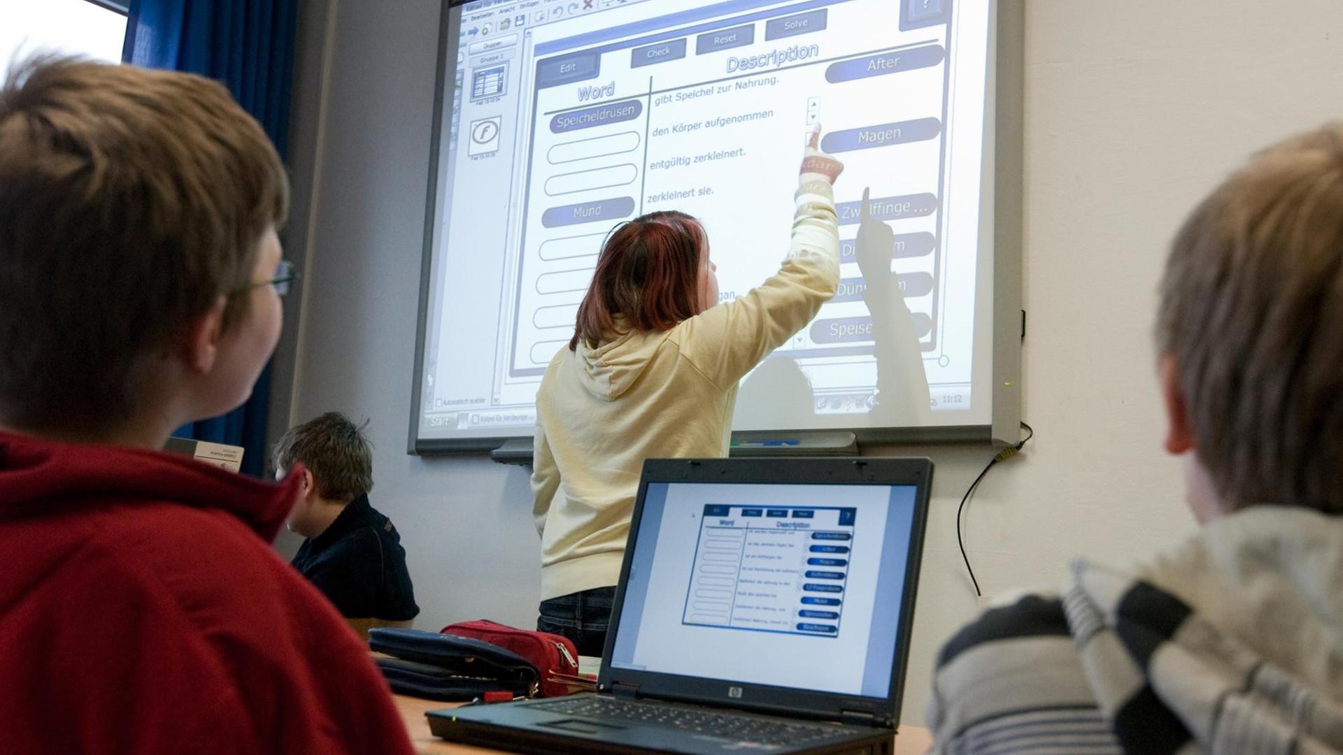 Schüler der Klasse sechs sitzen am Freitag (13.02.2009) an ihren Notebooks in einem Klassenraum der Gesamtschule Emsland in Lingen (Landkreis Emsland) und blicken auf eine interaktive Tafel ein sogenanntes Smartboard. Schüler der Klasse sechs sitzen am Freitag (13.02.2009) an ihren Notebooks in einem Klassenraum der Gesamtschule Emsland in Lingen (Landkreis Emsland) und blicken auf eine interaktive Tafel ein sogenanntes Smartboard.