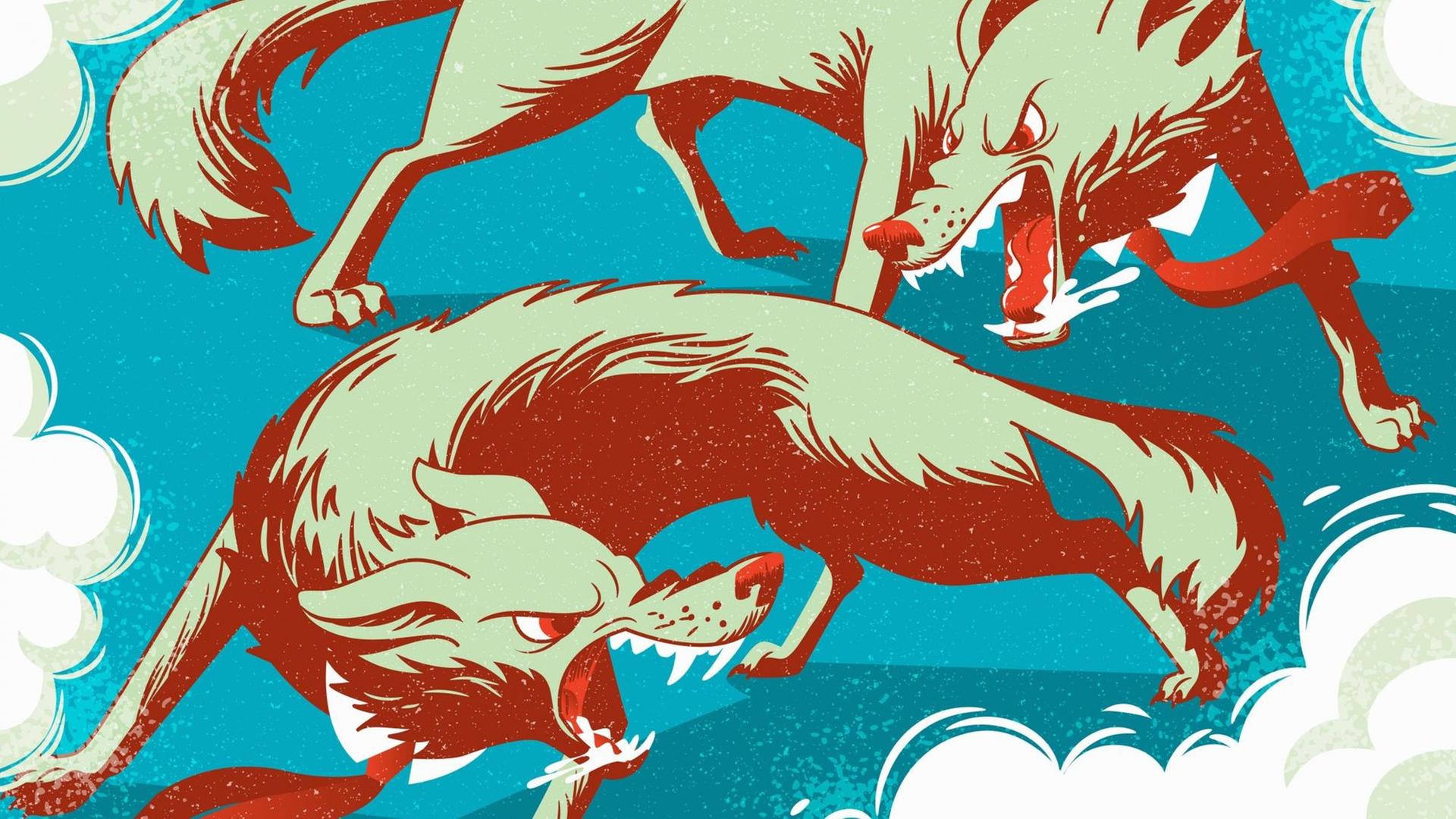 Zwei Wölfe tänzeln fauchend, kämpfend umeinander. Illustration. Zwei Wölfe tänzeln fauchend, kämpfend umeinander. Illustration.