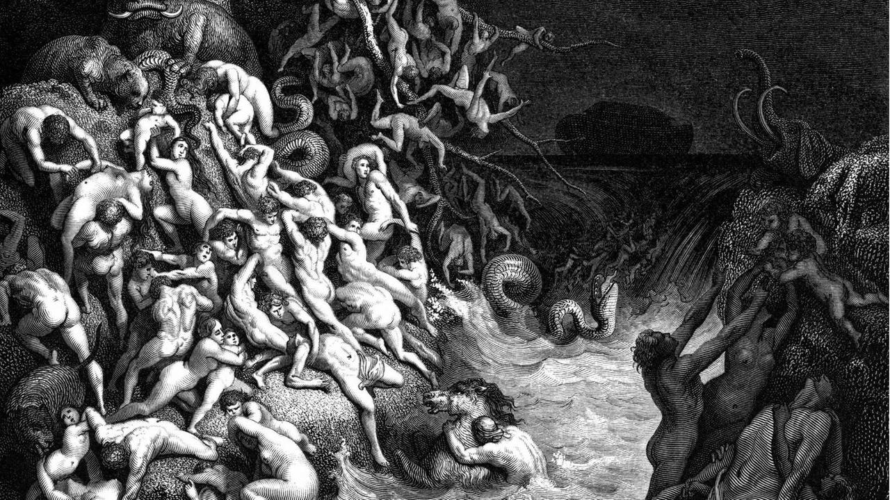 Ein Holzstich von Gustave Doré aus einer britischen Bibel aus dem Jahr 1866 zeigt Menschen, die sich verzweifelt vor der Sintflut zu retten versuchen Ein Holzstich von Gustave Doré aus einer britischen Bibel aus dem Jahr 1866 zeigt Menschen, die sich verzweifelt vor der Sintflut zu retten versuchen