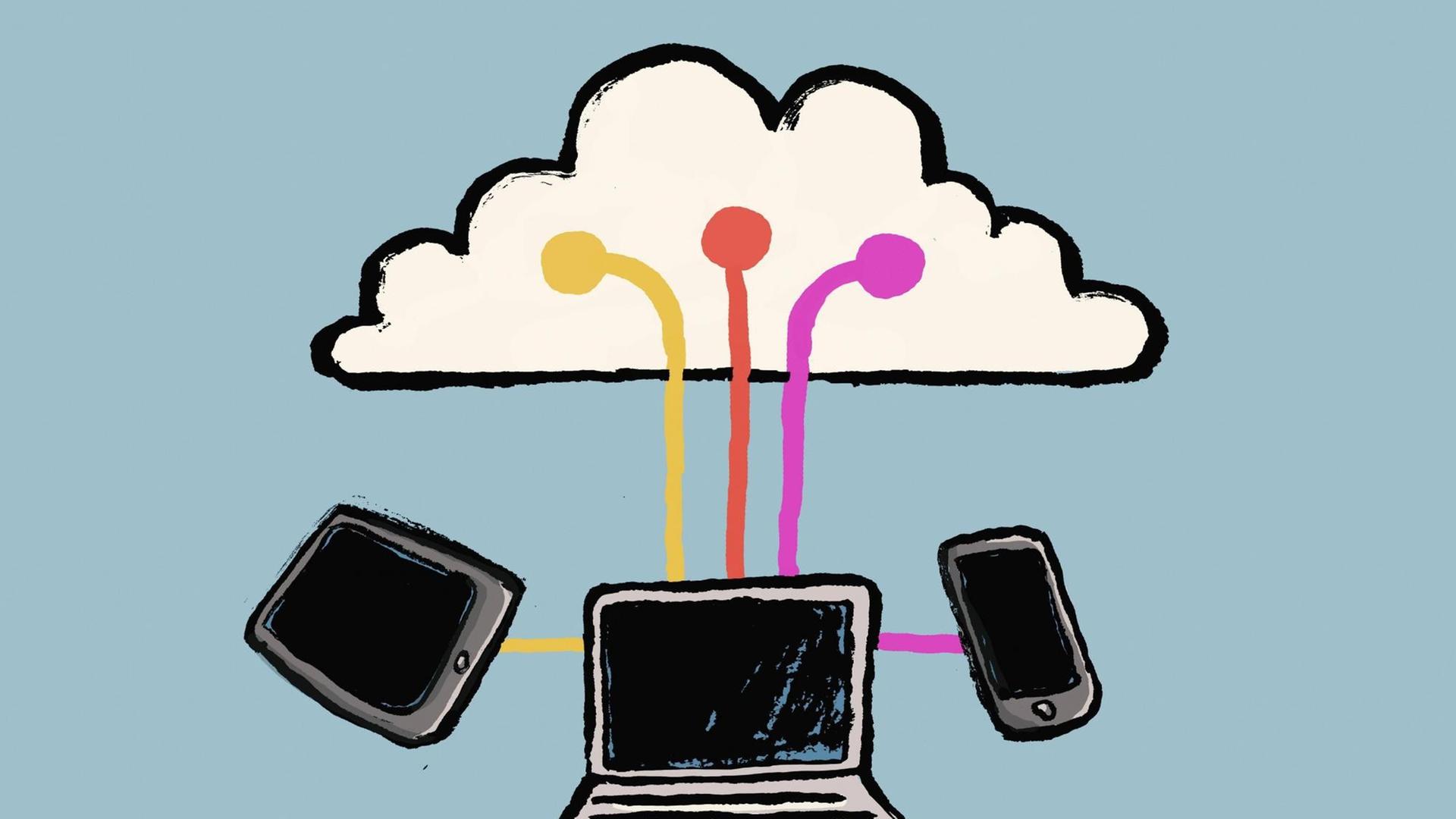 Illustrative Veranschaulichung von Technologien rund um einer Wolke vor blauem Hintergrund. Illustrative Veranschaulichung von Technologien rund um einer Wolke vor blauem Hintergrund.