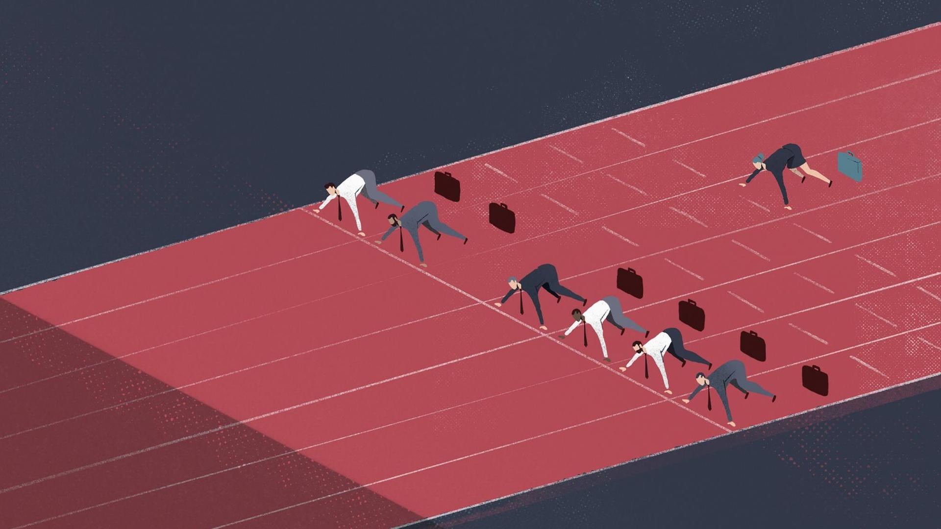 Illustration einer Geschäftsfrau auf einer Laufbahn, deren Startposition hinter der von einer Reihe Geschäftsmännern liegt.
