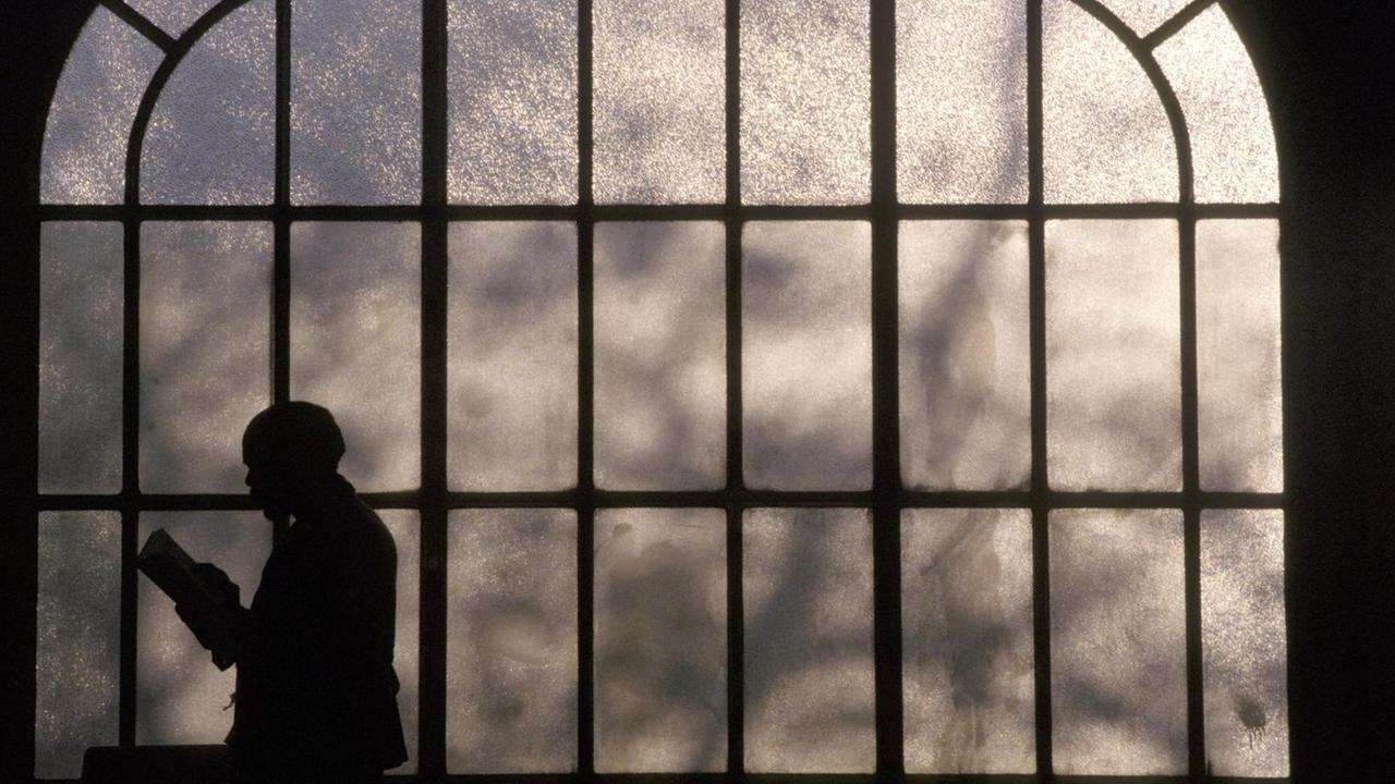 Jugendstilfenster an einer Station der Pariser Metro, davor die Silhouette eines lesenden Mannes, Frankreich, Paris. Jugendstilfenster an einer Station der Pariser Metro, davor die Silhouette eines lesenden Mannes, Frankreich, Paris.
