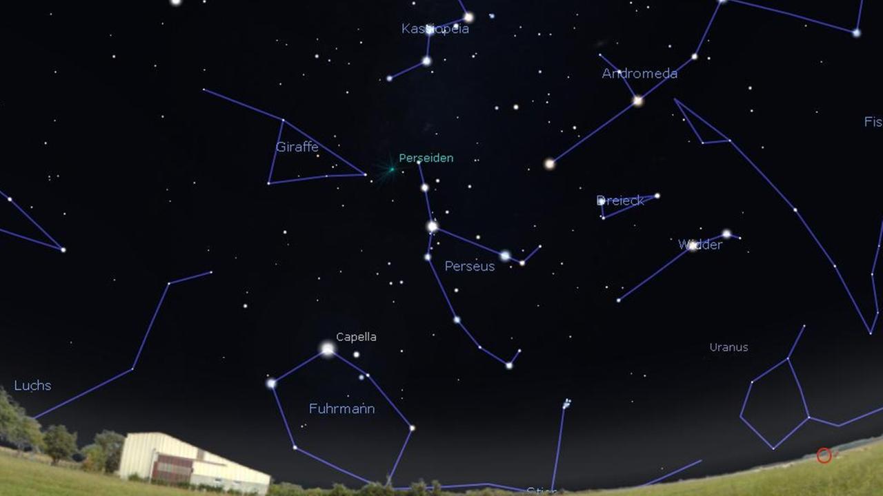 Nach Mitternacht steigt der Perseus, der Ausstrahlungsbereich der Perseiden-Sternschnuppen, am Nordosthimmel auf Nach Mitternacht steigt der Perseus, der Ausstrahlungsbereich der Perseiden-Sternschnuppen, am Nordosthimmel auf