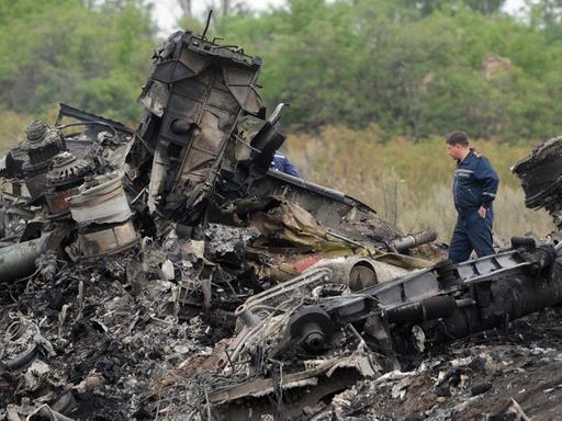 Ein Helfer steht in den vollkommen zerstörten Trümmerteilen der Malaysia-Airlines-Maschine in der Ost-Ukraine