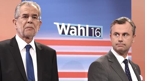 Die Kandidaten Norbert Hofer (FPÖ) und Van der Bellen (Grüne) auf TV-Bildschirmen