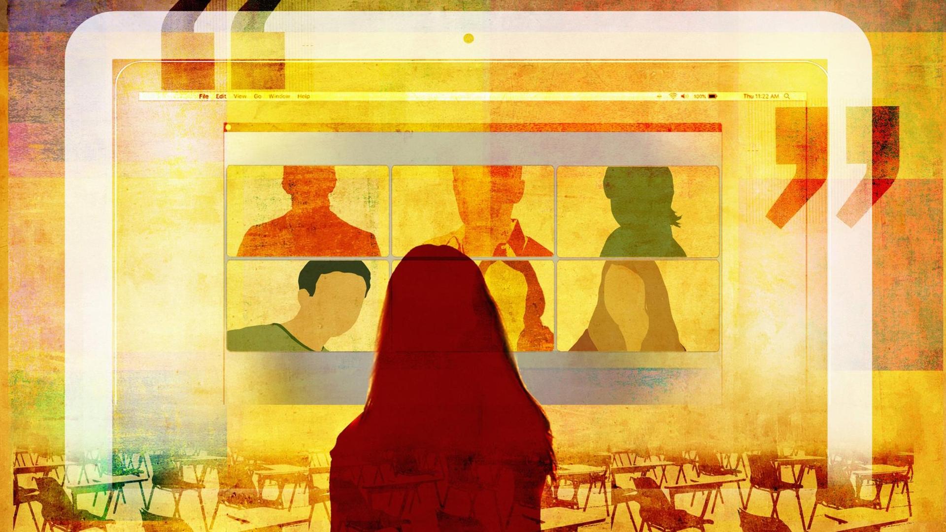 Illustration einer Frau, die als Schattenriss vor einem raumfüllenden Tablet-Display steht, auf dem gerade eine Videokonferenz stattfindet. Im Hintergrund des Bildes sind leere Stühle zu sehen. Illustration einer Frau, die als Schattenriss vor einem raumfüllenden Tablet-Display steht, auf dem gerade eine Videokonferenz stattfindet. Im Hintergrund des Bildes sind leere Stühle zu sehen.