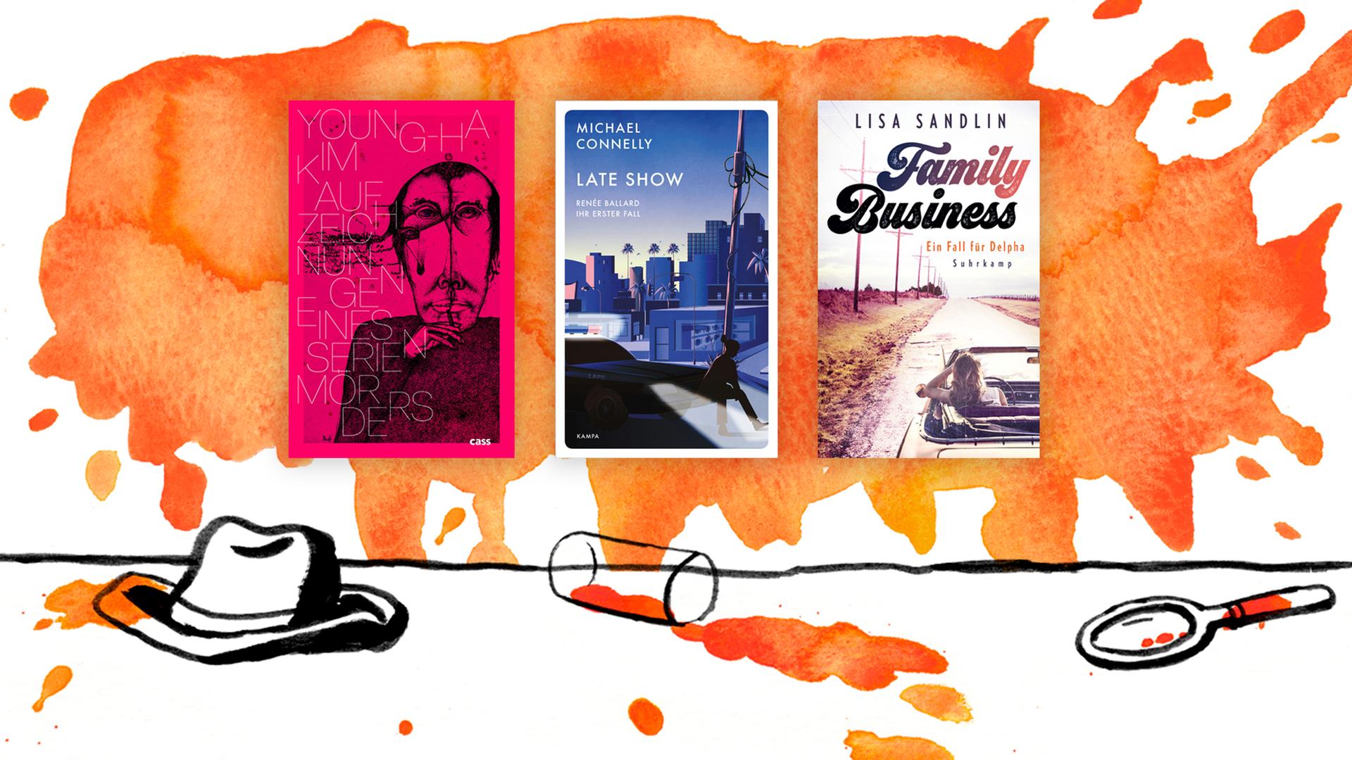 Zu sehen sind die drei Cover der ersten drei Buchtitel auf der Krimibestenliste im Mai 2020: "Aufzeichnungen eines Serienmörders" von Young-Ha Kim, "Heaven, Late Show" von Michael Connelly und "Family Business" von Lisa Sandlin.