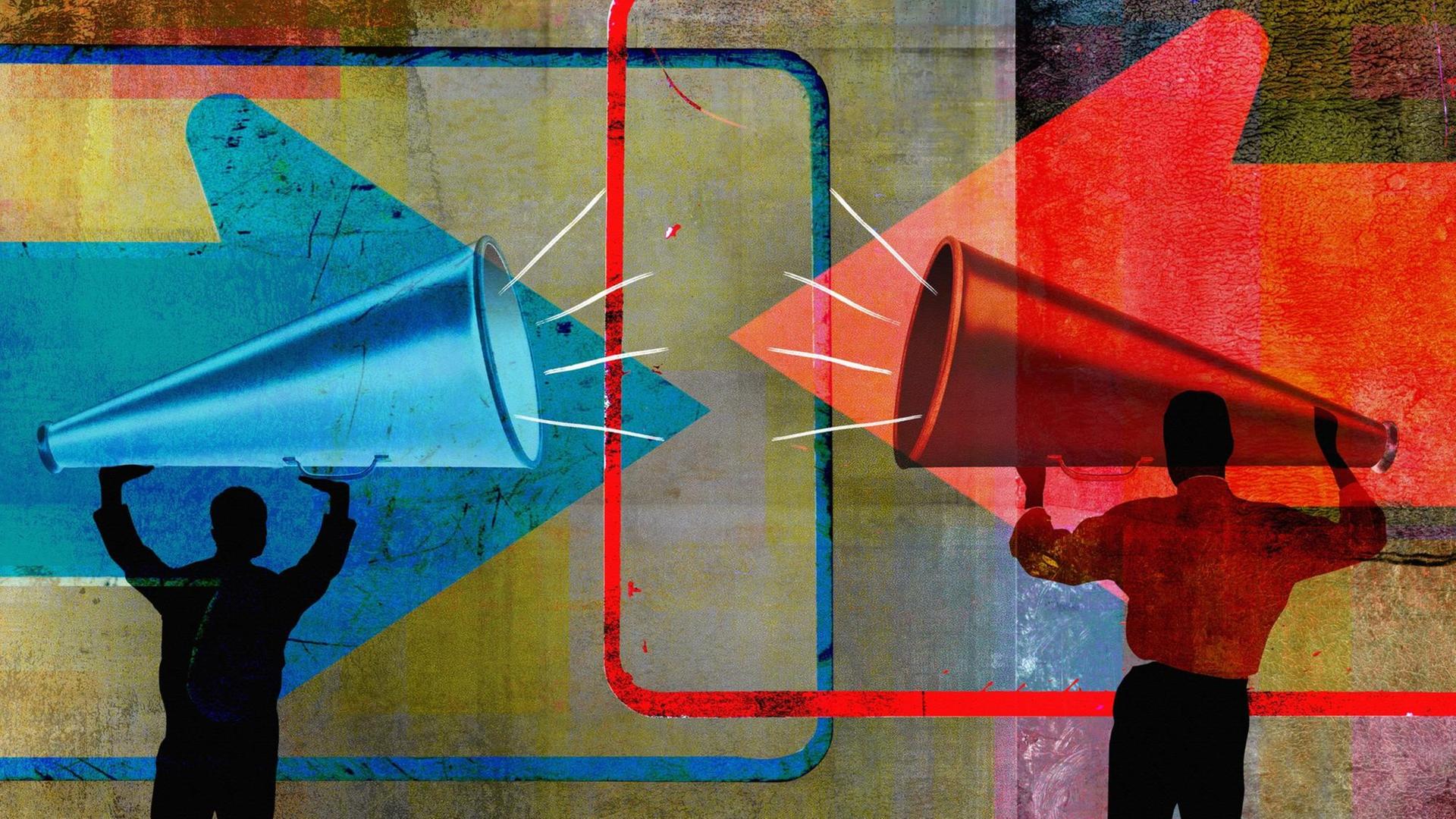 Illustration mit einem roten und einem blauen Megafon, die sich gegenseitig anschreien Illustration mit einem roten und einem blauen Megafon, die sich gegenseitig anschreien