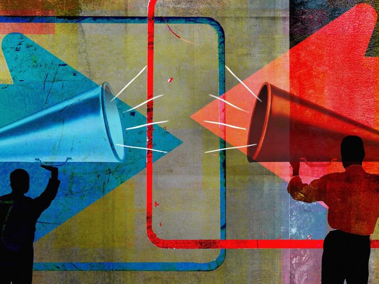 Illustration mit einem roten und einem blauen Megafon, die sich gegenseitig anschreien