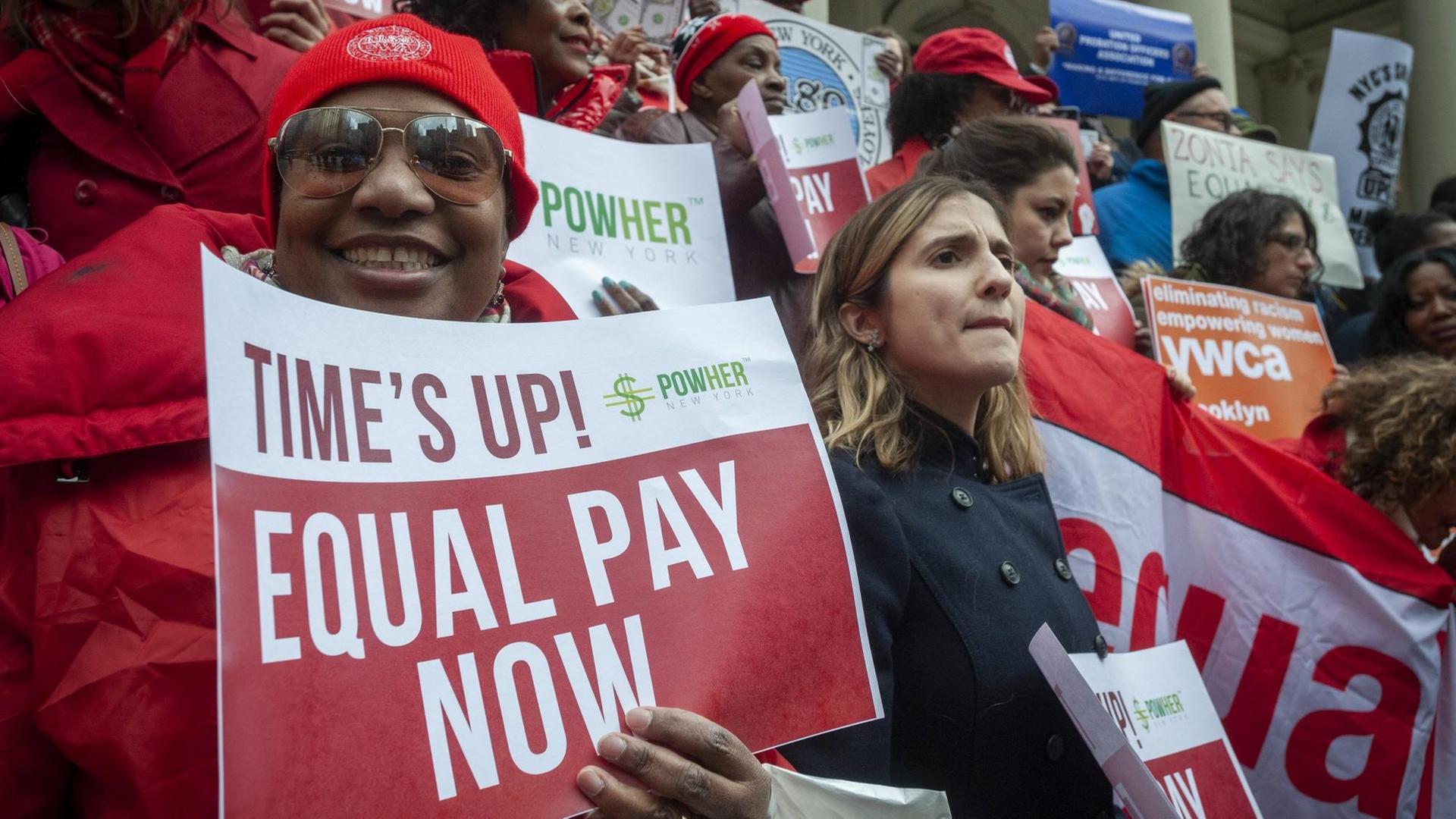 Equal Pay Day in New York Activists, community leaders, union members and politicians gather on the steps of City Hall in New York on Tuesday, April 10, 2018 to rally against pay disparity on the 12th annual Equal Pay Day. Women on average earn 89 cents for every dollar her male counterpart earns. The activists, besides working for wage parity, are calling for action in regards to a salary history ban, fair wages for tipped employees, sexual harassment policies and other issues. Equal Pay Day in New York Activists, community leaders, union members and politicians gather on the steps of City Hall in New York on Tuesday, April 10, 2018 to rally against pay disparity on the 12th annual Equal Pay Day. Women on average earn 89 cents for every dollar her male counterpart earns. The activists, besides working for wage parity, are calling for action in regards to a salary history ban, fair wages for tipped employees, sexual harassment policies and other issues.