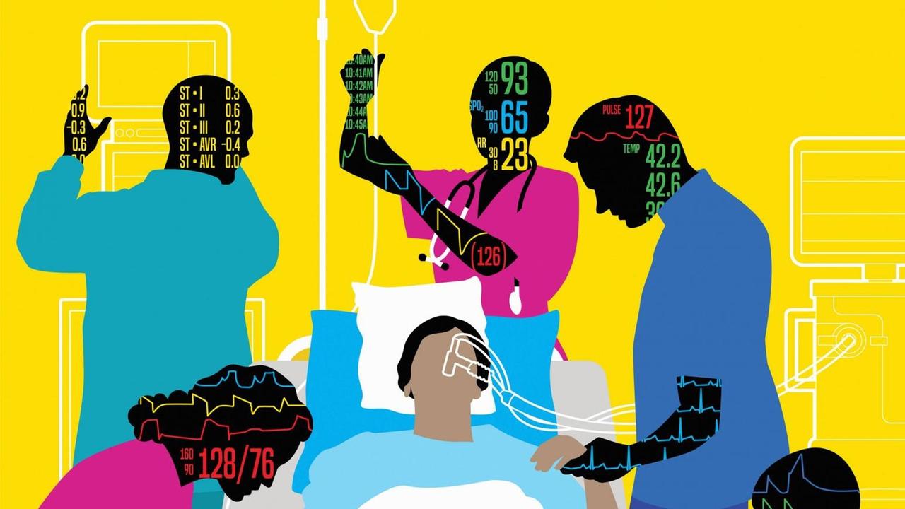 Illustration mit unterschiedlichem Gesundheitspersonal bei der Analyse digitaler Daten. Illustration mit unterschiedlichem Gesundheitspersonal bei der Analyse digitaler Daten.