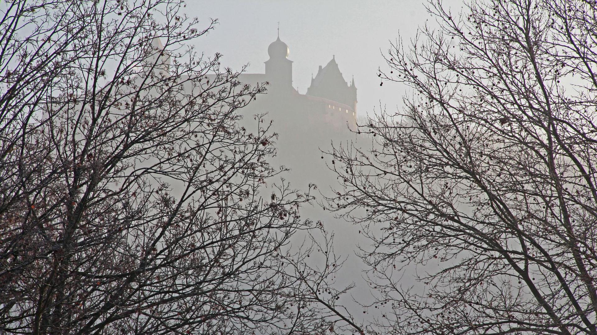 Veste Coburg in Bayern hinter Bäumen im Winter Veste Coburg in Bayern hinter Bäumen im Winter