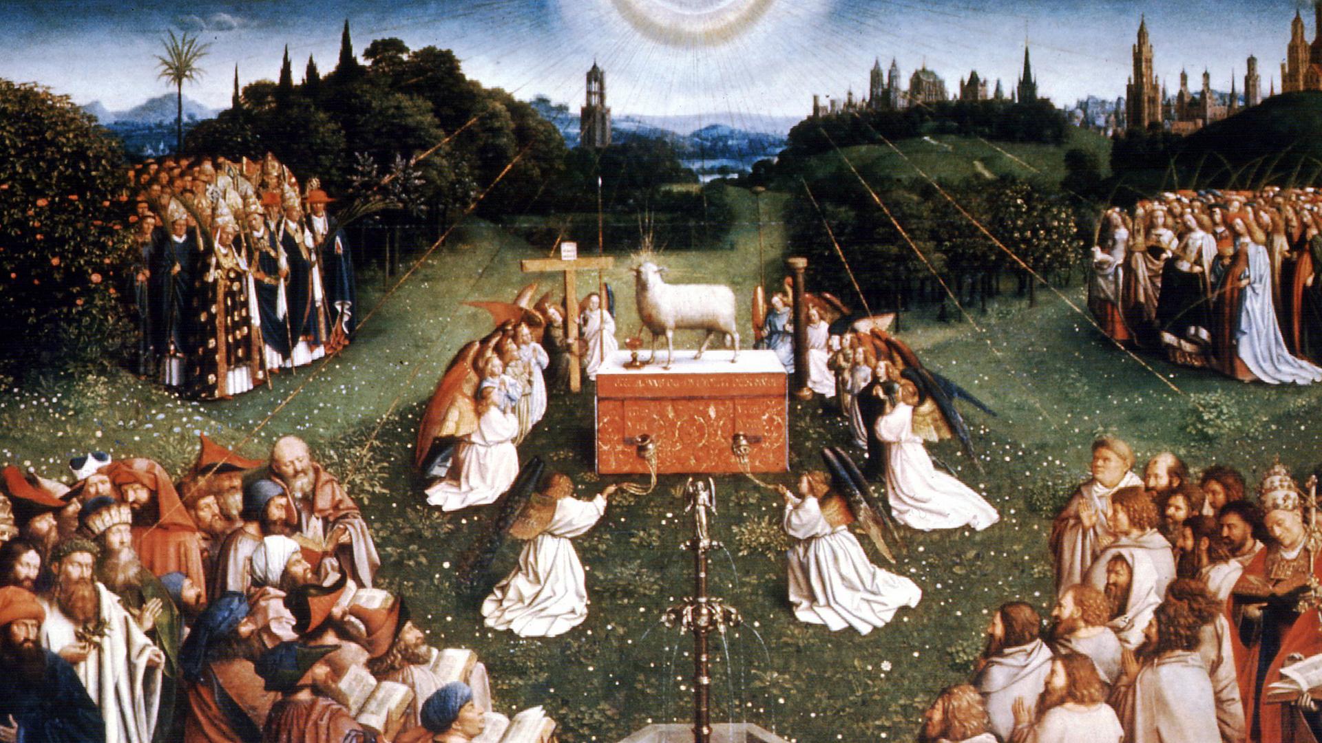 Der Mittelaltar im Genter Altar von Hubert und Jan van Eyck (Ausschnitt) zeigt die "Anbetung des Lammes" als Symbol für das Paradies in einer Frühlingslandschaft. Das Gemälde entstand um 1432. Der Mittelaltar im Genter Altar von Hubert und Jan van Eyck (Ausschnitt) zeigt die "Anbetung des Lammes" als Symbol für das Paradies in einer Frühlingslandschaft. Das Gemälde entstand um 1432.