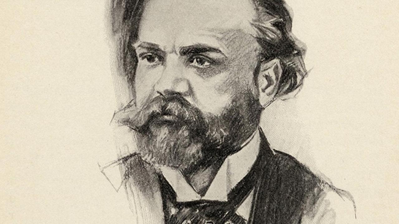 Porträtzeichnung des Komponisten in Bleistift aufgeführt.