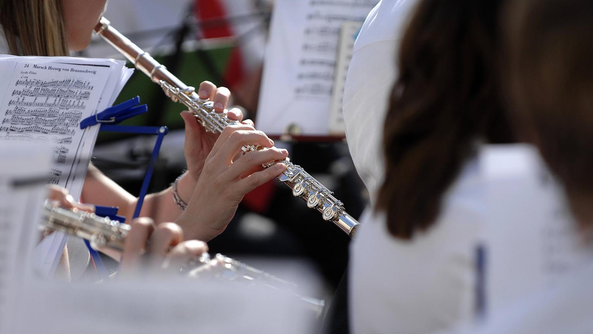 Musiker mit Querflöten und Notenständern in einem Orchester. Musiker mit Querflöten und Notenständern in einem Orchester.