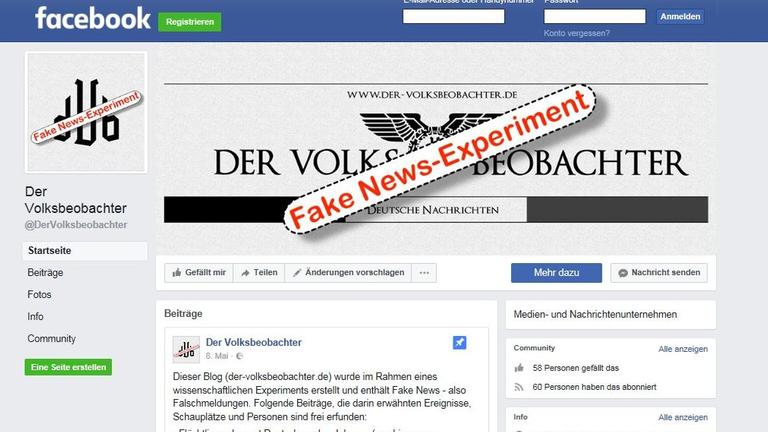 Ein Screenshot der Facebook-Seite "Der Volksbeobachter", einem "Fake-News"-Experiment. Ein Screenshot der Facebook-Seite "Der Volksbeobachter", einem "Fake-News"-Experiment.
