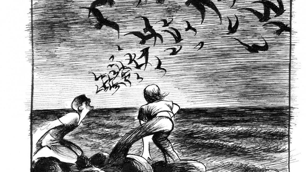 Schwarz-weiß Zeichnung von Davide Reviati: Ein junge übergibt sich und es kommen schwarze Vögel aus seinem Mund, die in den Himmel fliegen, Schwarz-weiß Zeichnung von Davide Reviati: Ein junge übergibt sich und es kommen schwarze Vögel aus seinem Mund, die in den Himmel fliegen,