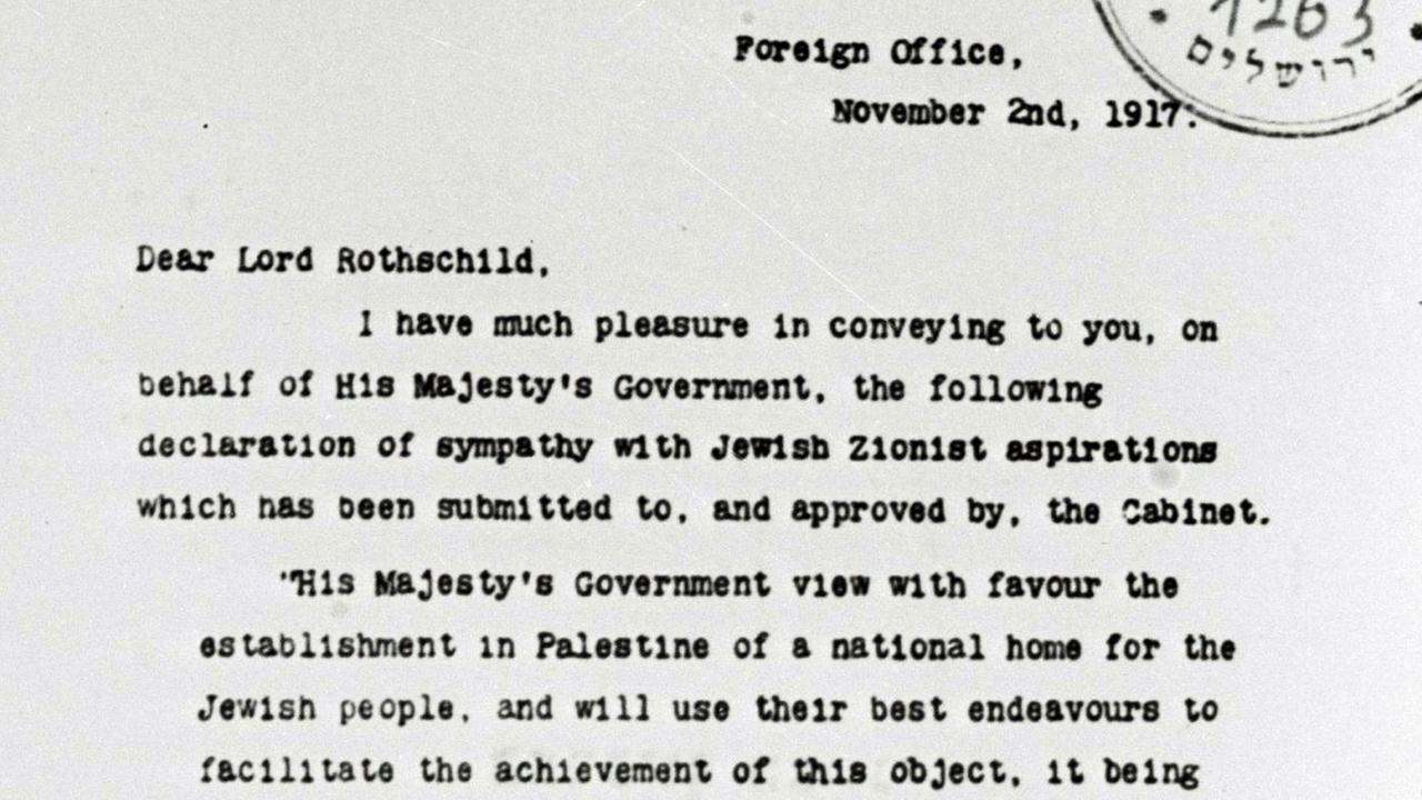 Eine Kopie der Balfour Declaration Eine Kopie der Balfour Declaration