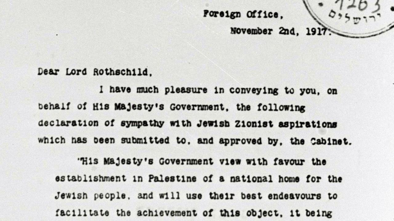 Eine Kopie der Balfour Declaration Eine Kopie der Balfour Declaration