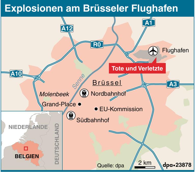 Übersichtskarte zu den Explosionen am Brüsseler Flughafen Übersichtskarte zu den Explosionen am Brüsseler Flughafen