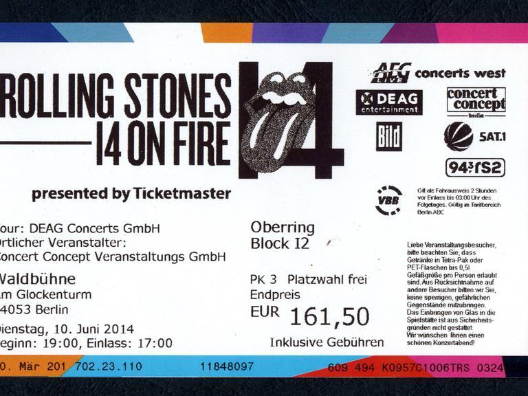 Ticket für ein Konzert der Rolling Stones in der Berliner Waldbühne aus dem Jahr 2014.