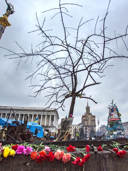 Auf dem Maidan in Kiew erinnern Blumen an die Toten.