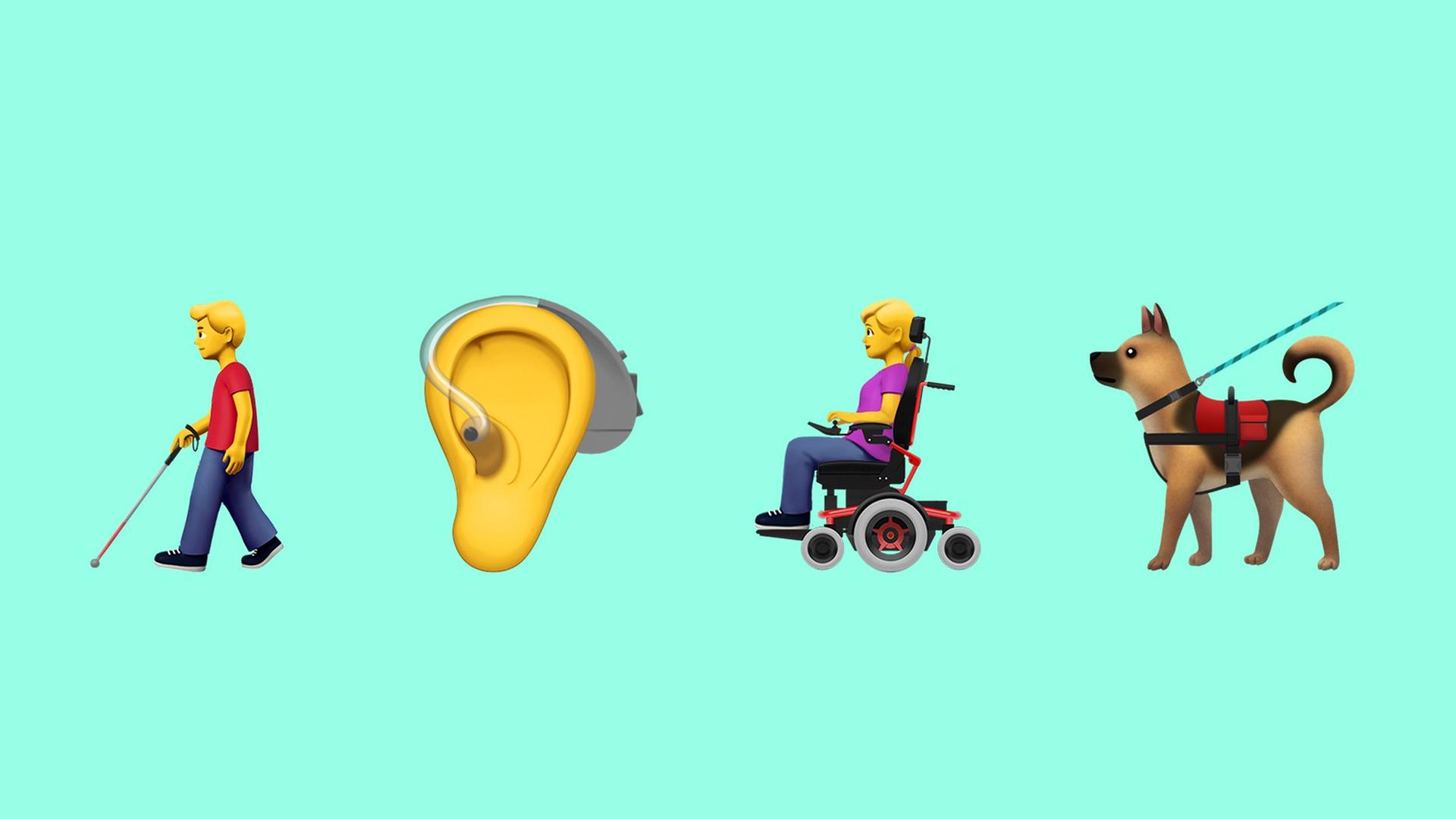 Eine Aufreihung von vier neuen Apple-Emojis zeigt von links nach rechts: Ein Mann mit Gehstock, ein Ohr mit Hörgerät, Eine Rollstuhlfahrerin und ein Blindenhund. Eine Aufreihung von vier neuen Apple-Emojis zeigt von links nach rechts: Ein Mann mit Gehstock, ein Ohr mit Hörgerät, Eine Rollstuhlfahrerin und ein Blindenhund.