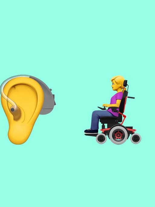 Eine Aufreihung von vier neuen Apple-Emojis zeigt von links nach rechts: Ein Mann mit Gehstock, ein Ohr mit Hörgerät, Eine Rollstuhlfahrerin und ein Blindenhund.