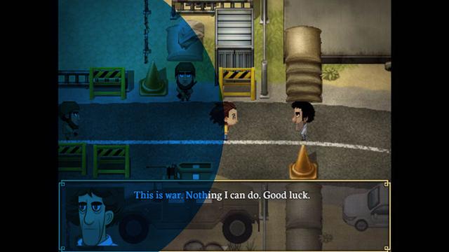 Screenshot aus "Path Out": Zu sehen ist die Spielfigur vor einer Brücke in vermintem Gebiet, hinter ihr steht ein maskierter Bewaffneter