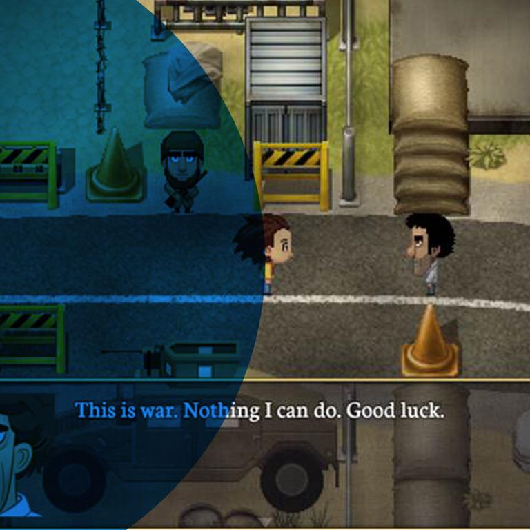 Screenshot aus "Path Out": Zu sehen ist die Spielfigur vor einer Brücke in vermintem Gebiet, hinter ihr steht ein maskierter Bewaffneter Screenshot aus "Path Out": Zu sehen ist die Spielfigur vor einer Brücke in vermintem Gebiet, hinter ihr steht ein maskierter Bewaffneter