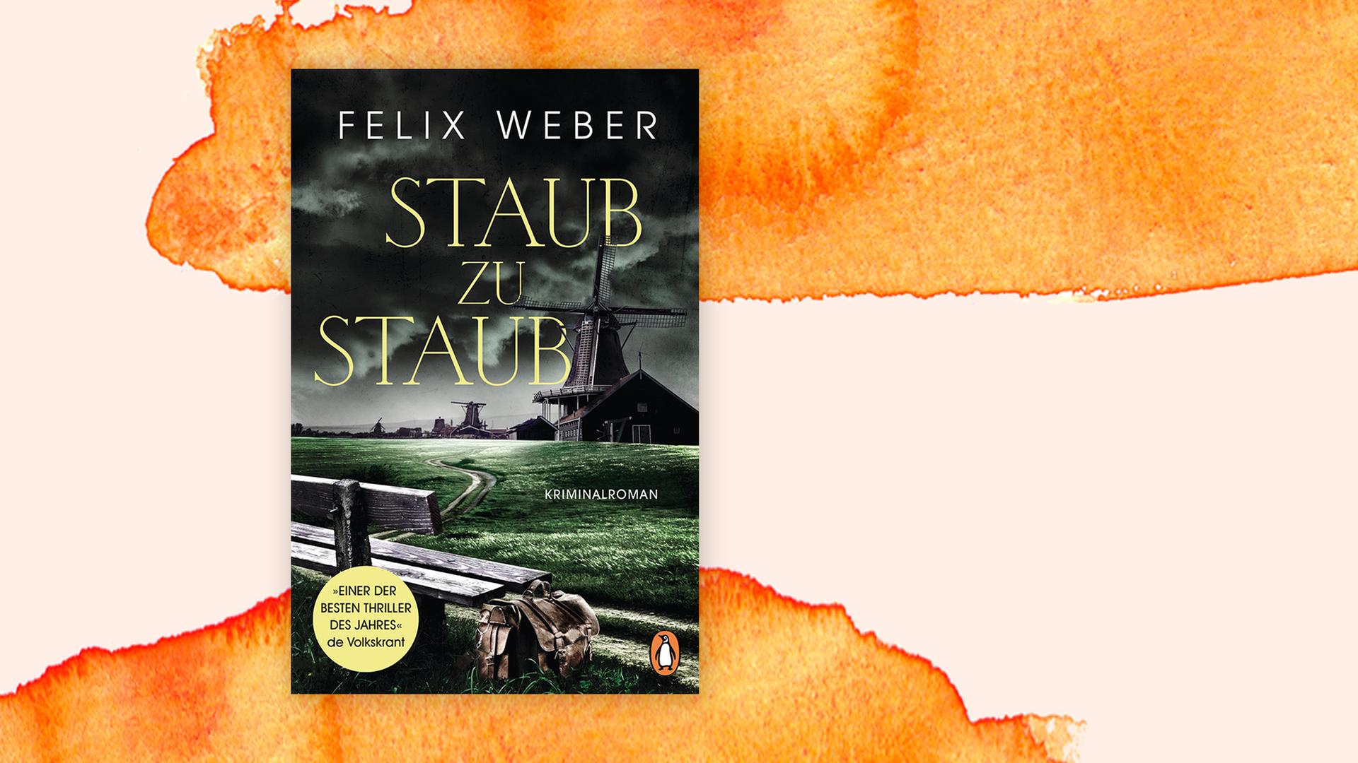 Das Cover des Buches "Staub zu Staub" auf orangegefärbten Hintergrund.
