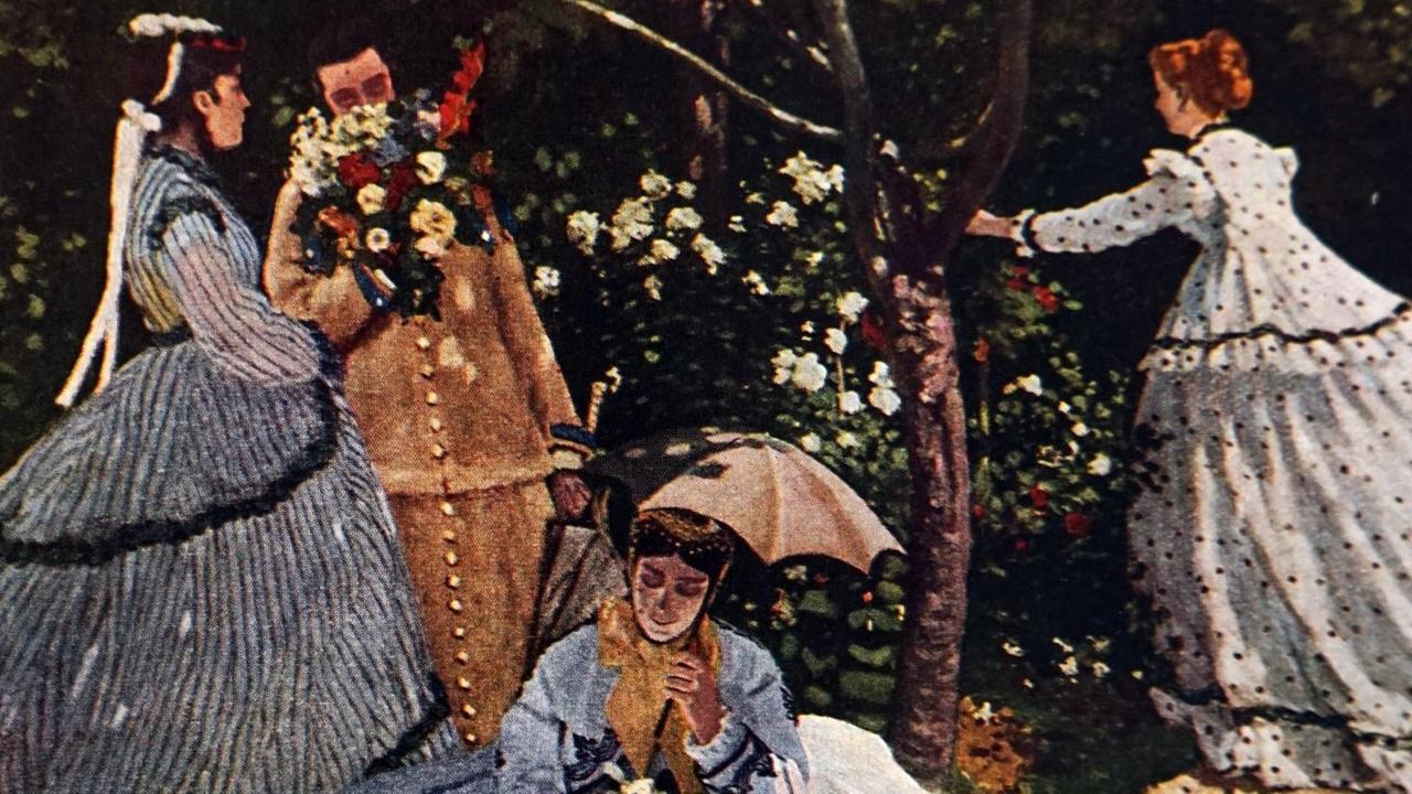 Ein Bild von Claude Monet aus dem 19. Jahrhundert. Frauen in schönen, hellen Ausgehkleidern gruppieren sich um einen Baum am Rande eines Wegs. Ein Bild von Claude Monet aus dem 19. Jahrhundert. Frauen in schönen, hellen Ausgehkleidern gruppieren sich um einen Baum am Rande eines Wegs.