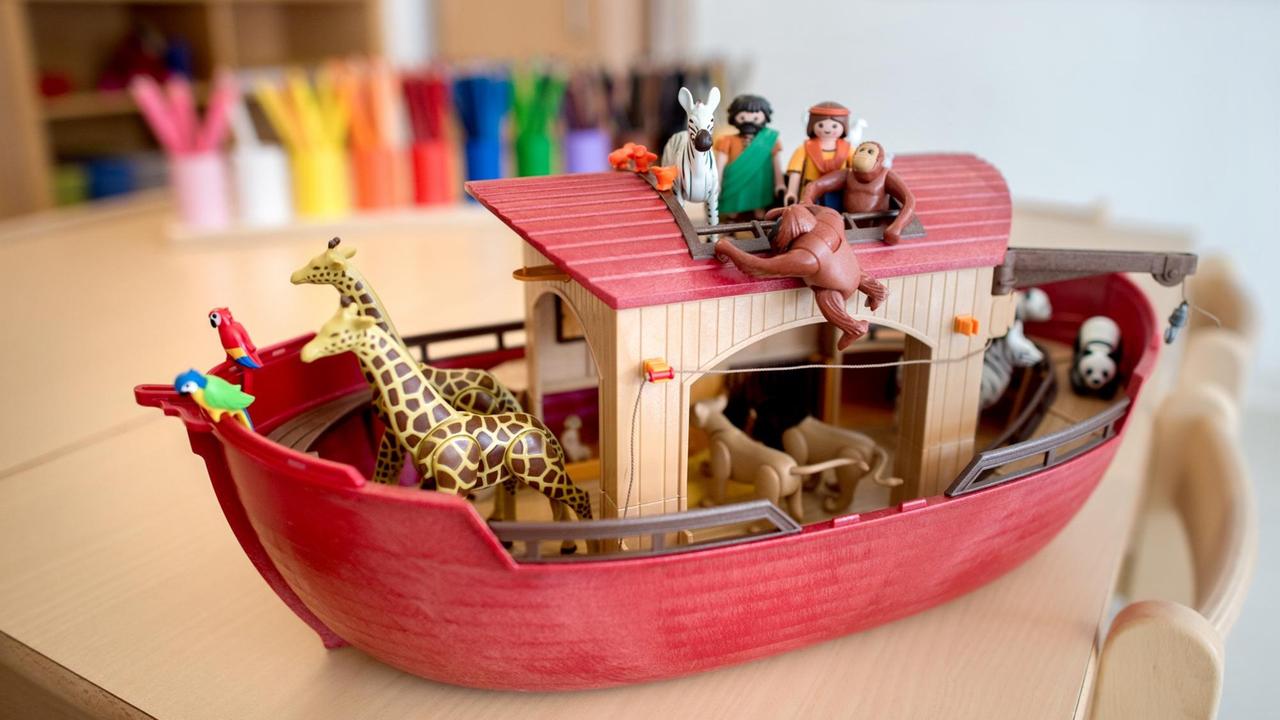 Niedersachsen, Gifhorn: Eine Arche Noah steht während der Eröffnung des christlich-muslimischen Kindergartens "Abrahams Kinder" auf einem Tisch. Hinter dem neuen Projekt stehen die muslimische DITIB-Moschee in Gifhorn, die katholische St. Altfrid-Gemeinde und die evangelische Dachstiftung Diakonie. Foto: Hauke-Christian Dittrich/dpa | Verwendung weltweit Niedersachsen, Gifhorn: Eine Arche Noah steht während der Eröffnung des christlich-muslimischen Kindergartens "Abrahams Kinder" auf einem Tisch. Hinter dem neuen Projekt stehen die muslimische DITIB-Moschee in Gifhorn, die katholische St. Altfrid-Gemeinde und die evangelische Dachstiftung Diakonie. Foto: Hauke-Christian Dittrich/dpa | Verwendung weltweit