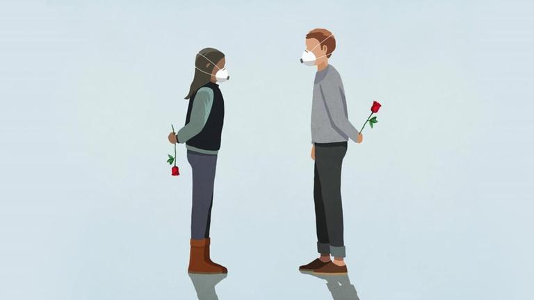 Eine Illustration zeigt sich gegenüberstehend eine Frau und einen Mann mit Gesichtsmasken, die jeweils eine Rose hinter ihrem Rücken halten. Eine Illustration zeigt sich gegenüberstehend eine Frau und einen Mann mit Gesichtsmasken, die jeweils eine Rose hinter ihrem Rücken halten.