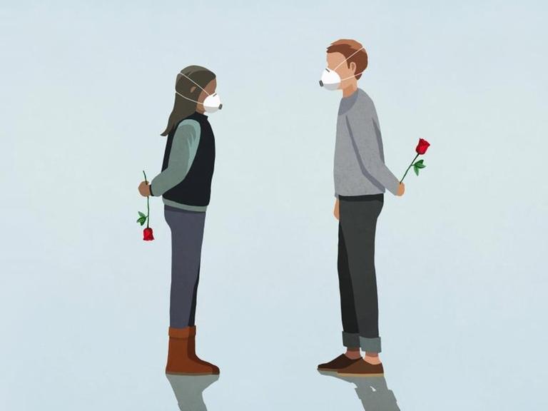 Eine Illustration zeigt sich gegenüberstehend eine Frau und einen Mann mit Gesichtsmasken, die jeweils eine Rose hinter ihrem Rücken halten.